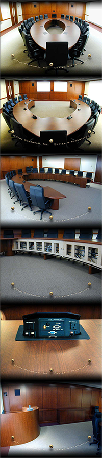 The AEROFRAME Articulating conference table, a patented design in production  by Wilcox Woodworks, Inc.